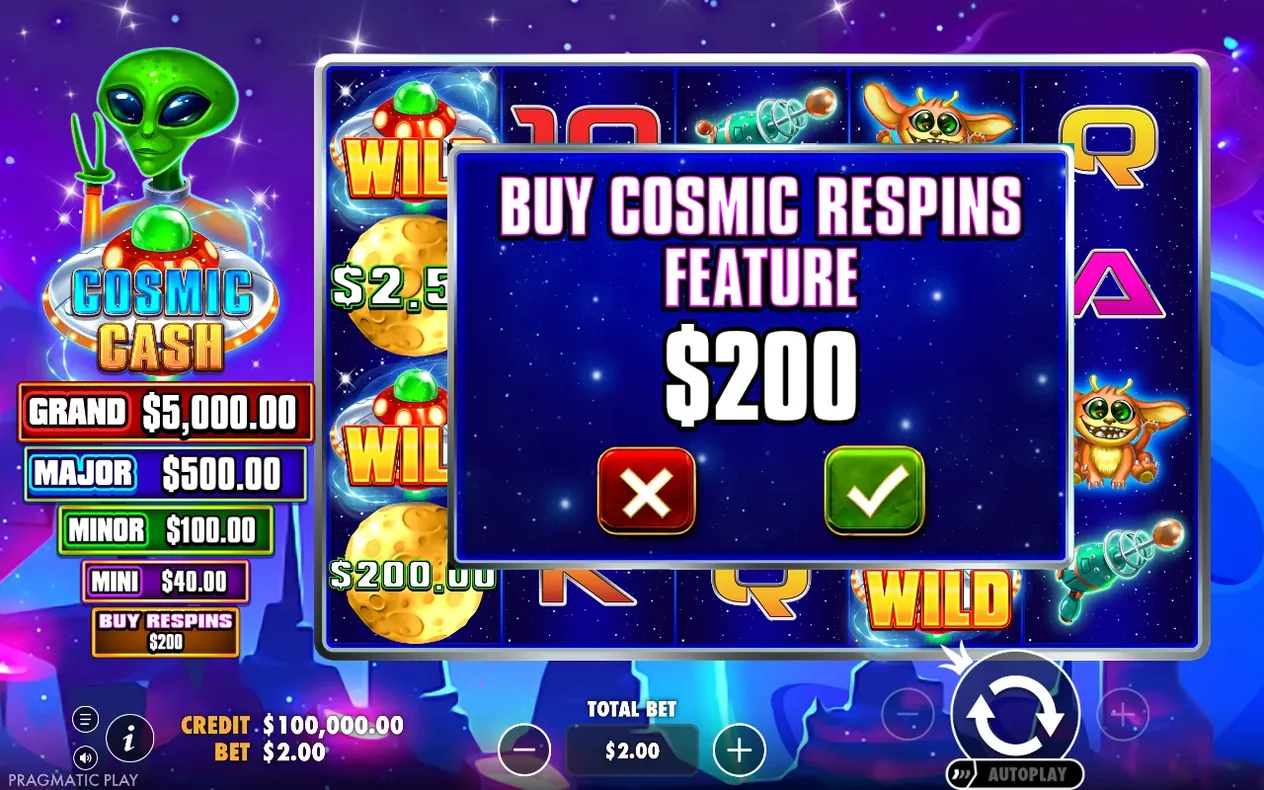 Ventana de confirmación para comprar Cosmic Respins por $200, con ladder de jackpots a la izquierda