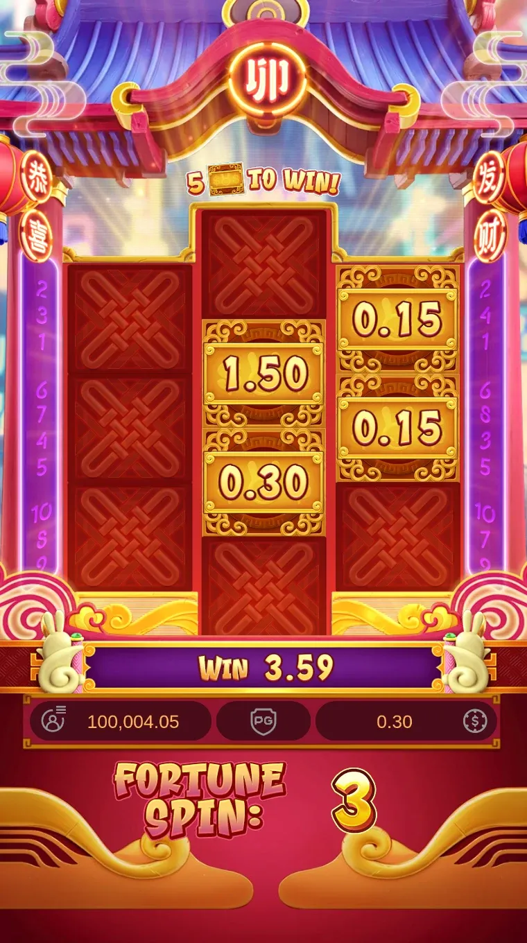 Fortune Rabbit Feature activa: banner 5 TO WIN!, placas 0.15, 1.50, 0.30, WIN 3.59, Fortune Spin: 3