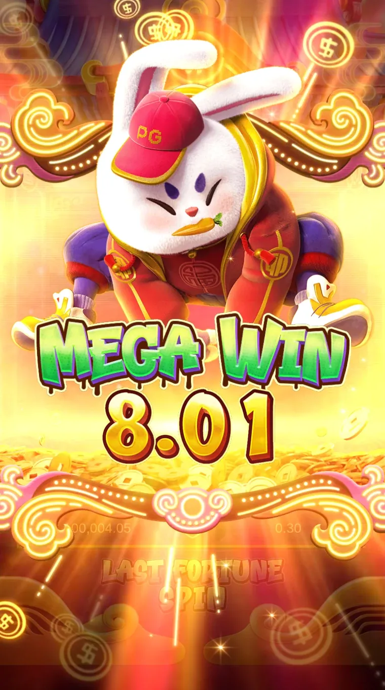 Pantalla Mega Win con la mascota conejo sosteniendo una zanahoria; MEGA WIN 8.01, texto LAST FORTUNE SPIN
