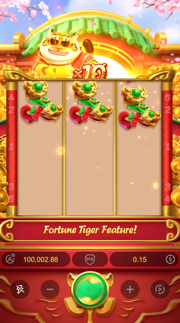 La Fortune Tiger Feature se activa: tres dragones de jade llenan la fila superior, el resto de la cuadrícula vacío.