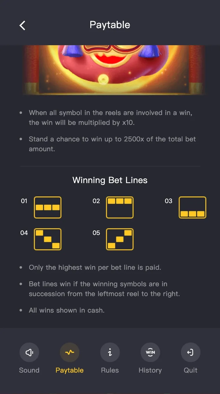 Tabla de pagos con un adorno decorativo arriba y las cinco líneas de apuesta ganadoras numeradas del 01 al 05.