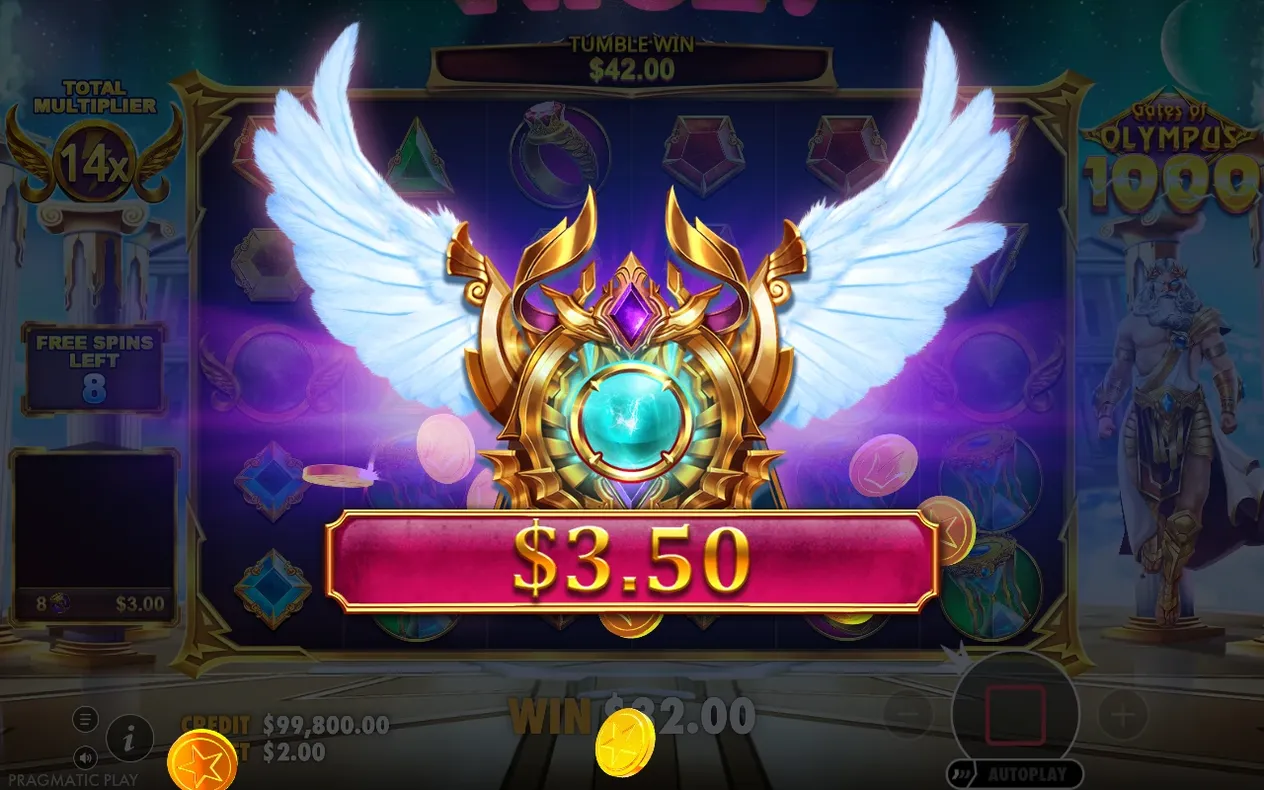 Esfera multiplicadora alada en giros gratis: Multiplicador Total 14x, Tumble Win $42.00 y 8 giros restantes.