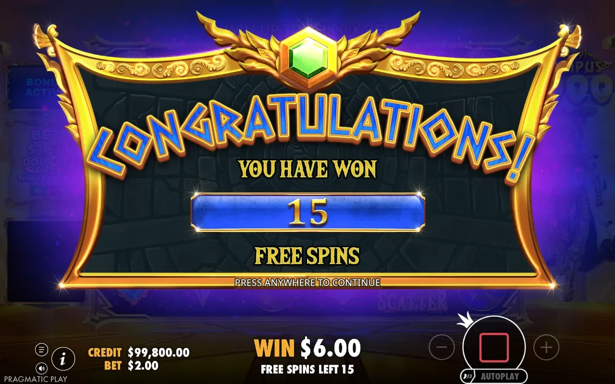 Pantalla de felicitaciones: anuncia 15 giros gratis ganados, con premio de $6.00 y crédito $99,800.00.
