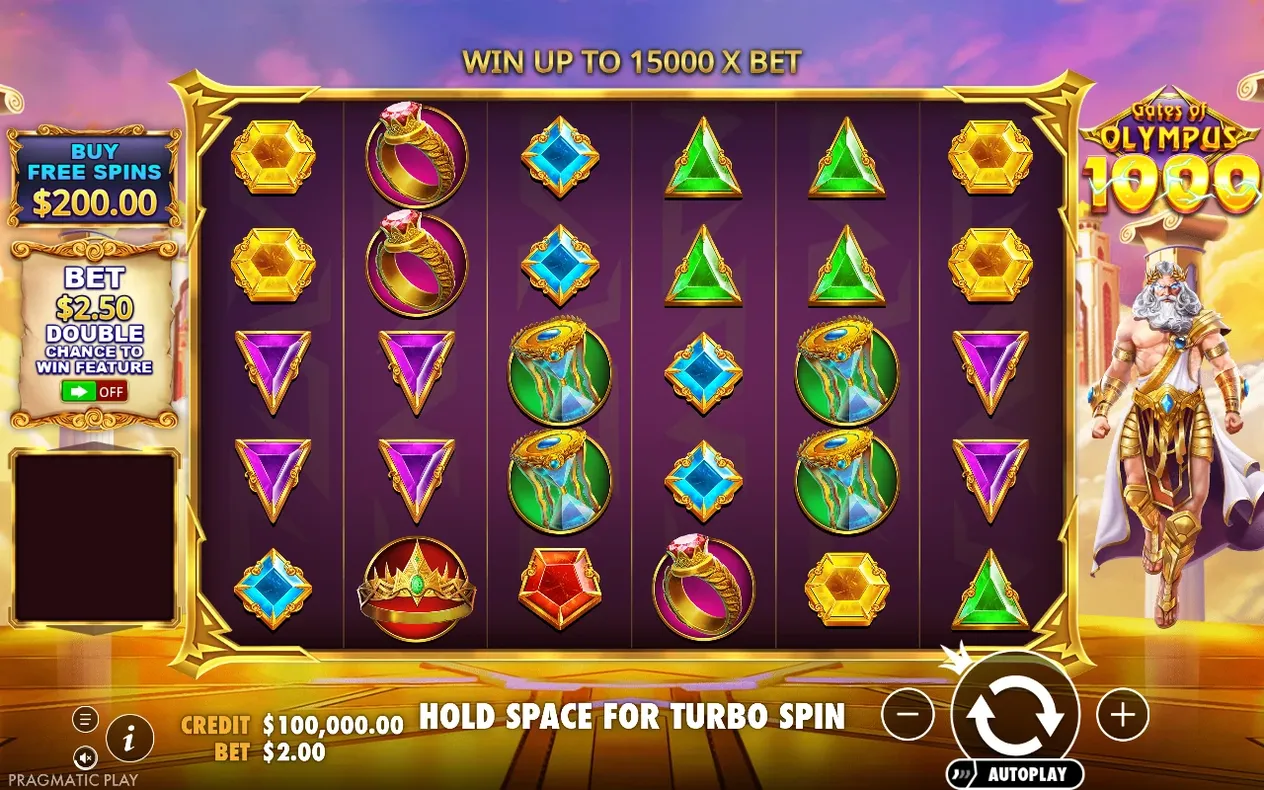 Tablero base de 6x5 con gemas y el dios Zeus a la derecha, botón Comprar Giros Gratis por $200.00 y apuesta $2.00.