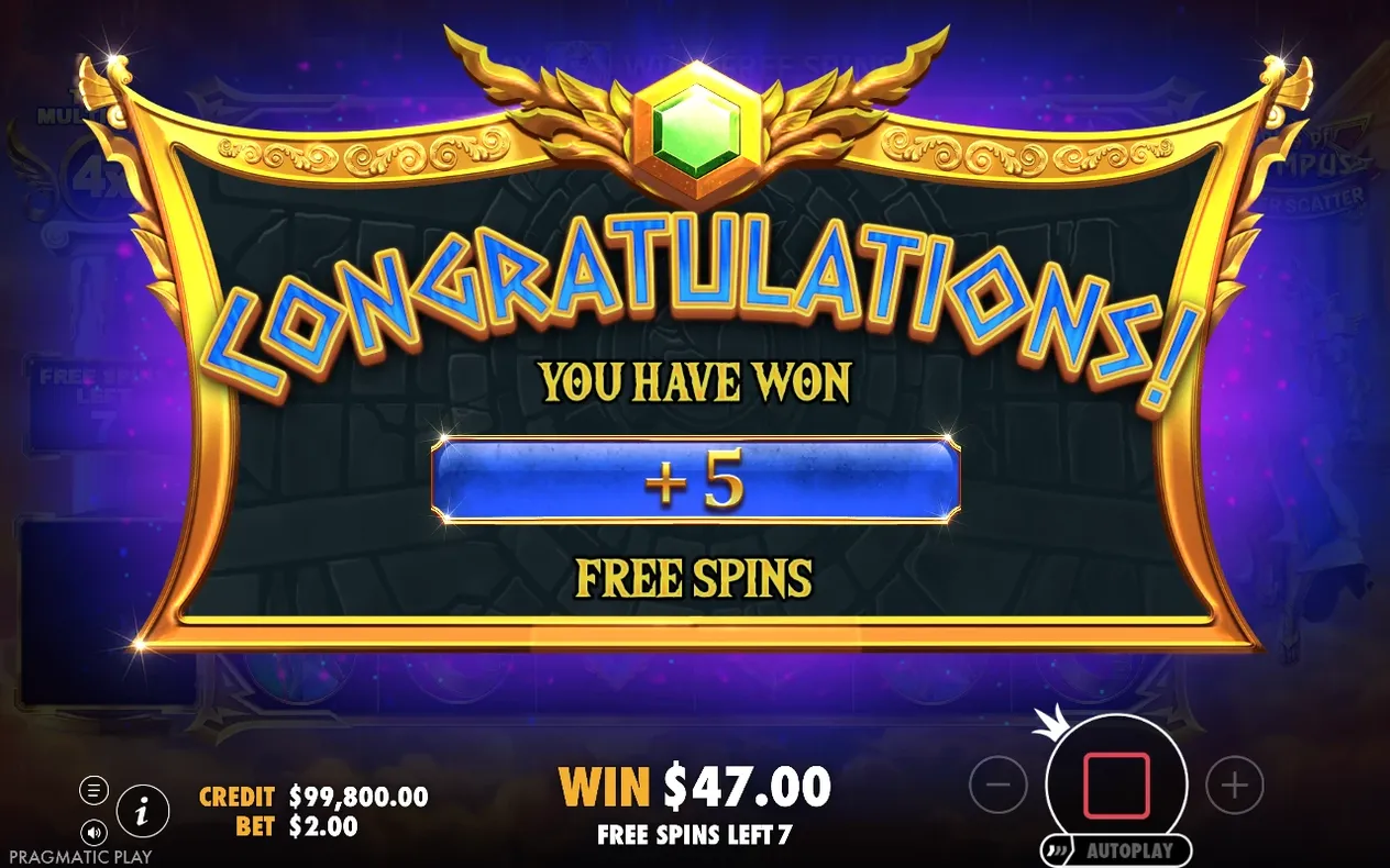 Pantalla CONGRATULATIONS otorga +5 FREE SPINS, con WIN $47.00 y FREE SPINS LEFT 7 en la barra inferior