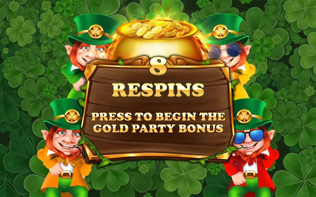 Pantalla de inicio del bonus con cuatro duendes y el cartel de madera anunciando 8 respins.