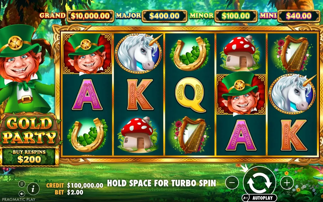 El duende de Gold Party junto a los carretes 5x3 y los botes GRAND, MAJOR, MINOR y MINI.