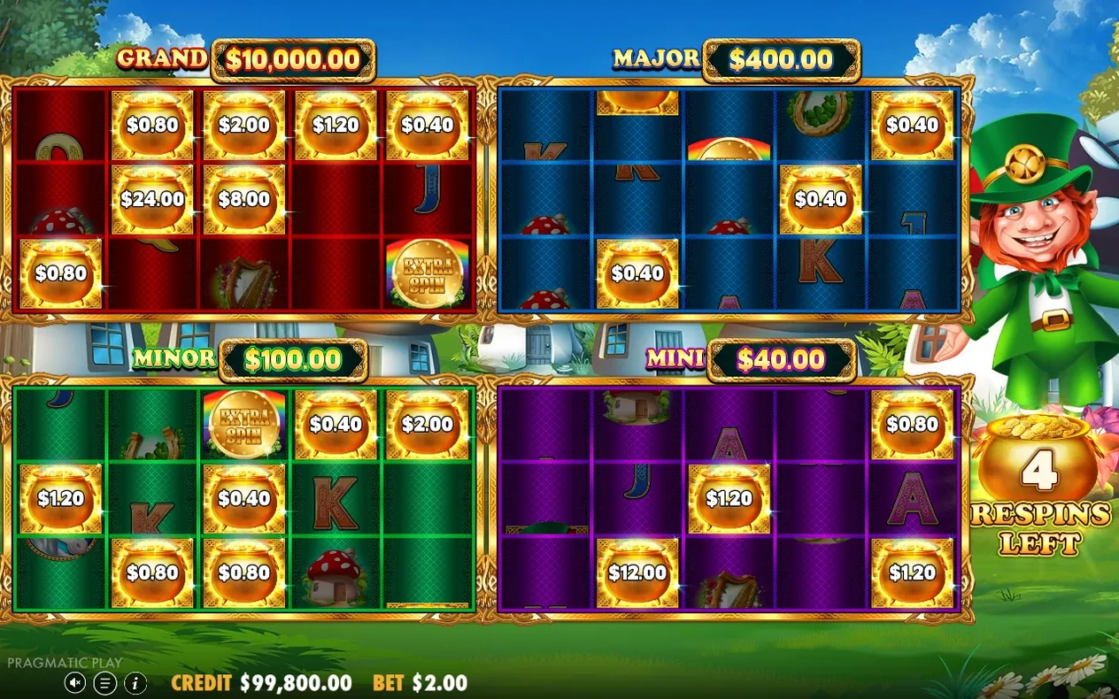 Los cuatro tableros del bonus muestran botes de oro acumulados y 4 respins left disponibles.