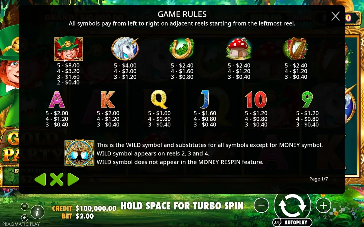 Tabla de pagos con los símbolos del juego: duende, unicornio, herradura, hongo, arpa y wild.