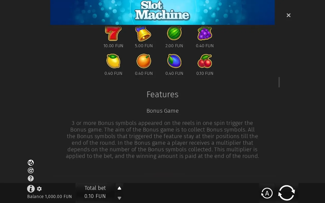 Tabla de símbolos frutales con pagos y texto de Features explicando el funcionamiento del Bonus Game