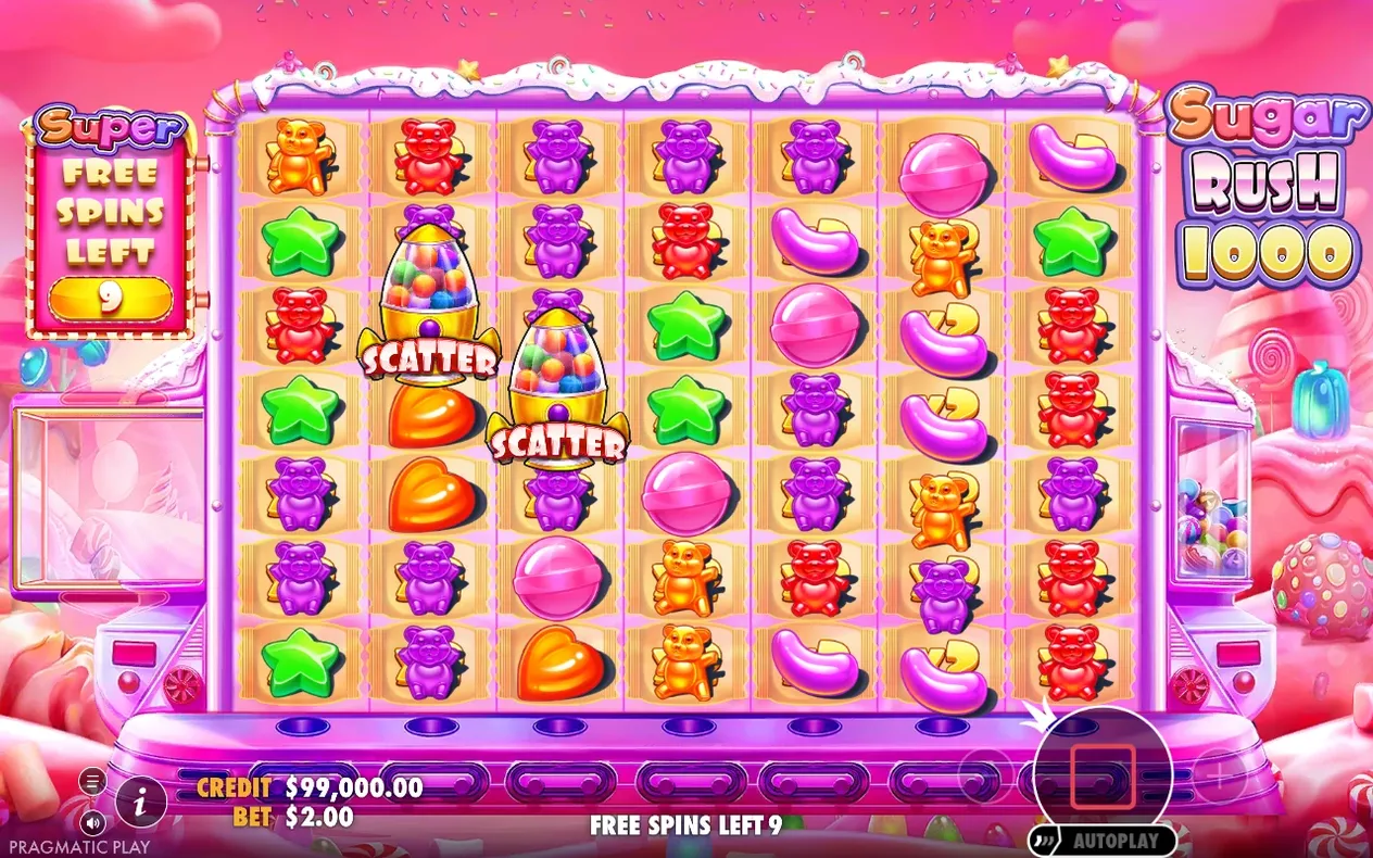 Cuadrícula en Super Free Spins con dos símbolos Scatter y contador Super Free Spins Left en 9