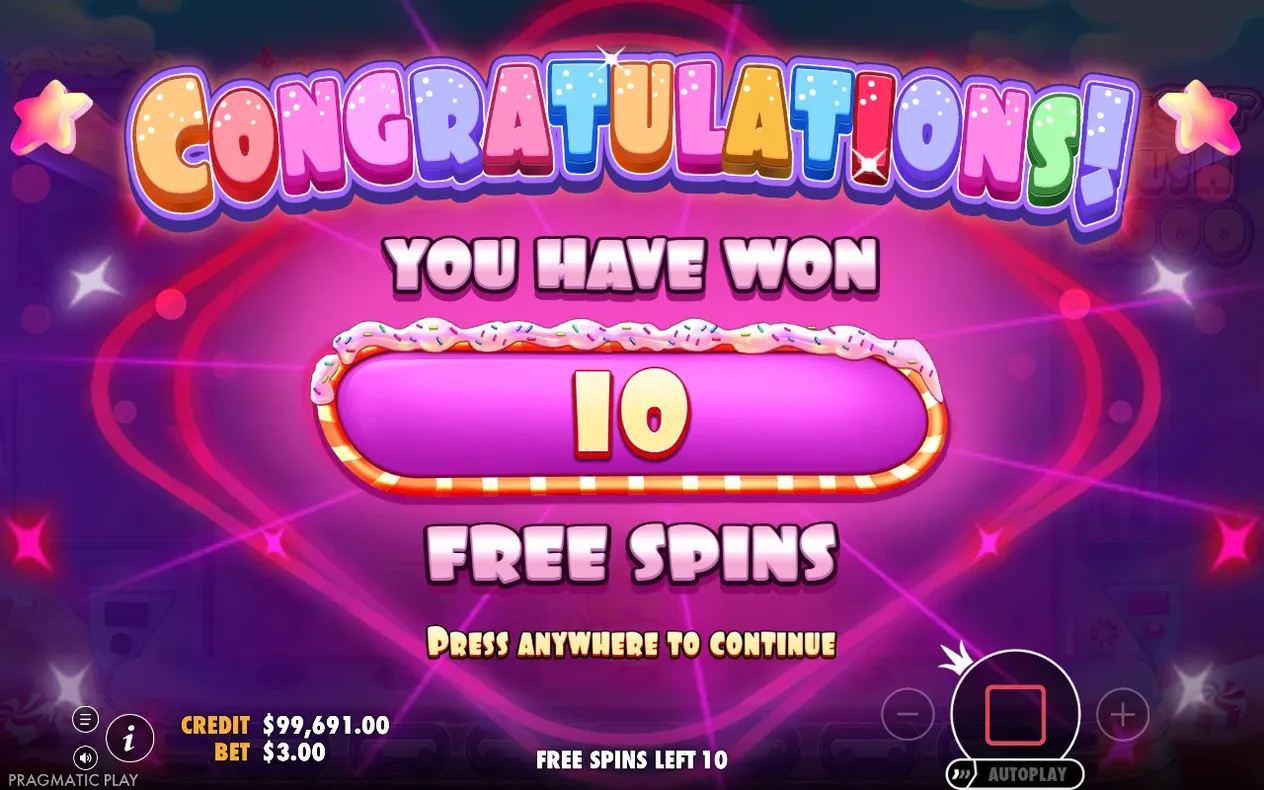 Pantalla de Congratulations con el número 10 de giros gratis, crédito $99,691.00 y apuesta $3.00