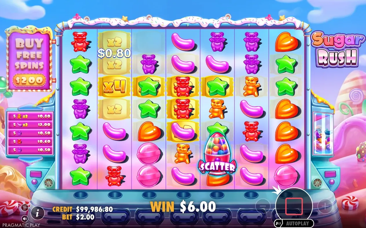 Cuadrícula base con fichas x2, x2, x4 y x2 en la segunda columna, símbolo SCATTER visible y WIN $6.00 en pantalla.