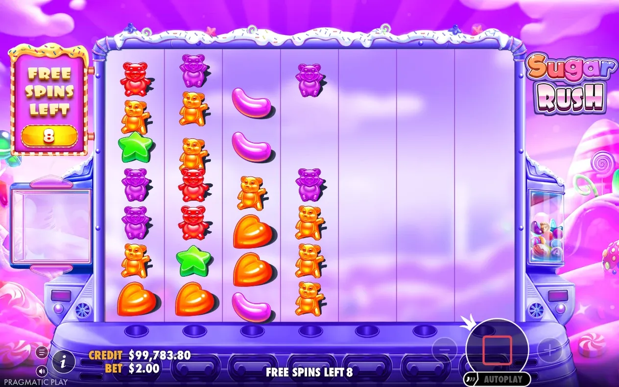 Giros gratis en curso: panel morado marca FREE SPINS LEFT 8 sobre una cuadrícula a medio llenar de ositos y estrellas.