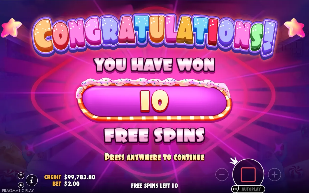 Pantalla de Congratulations: placa rosa muestra el número 10 ganado como FREE SPINS sobre fondo púrpura radiante.